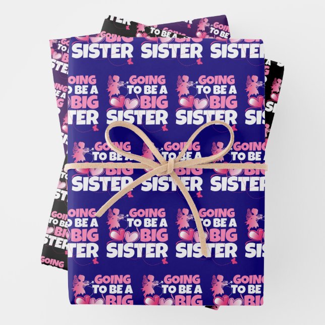 Going to be a Big Sister - Pink Fairy Hearts Wrapping Paper Sheet (In situ)