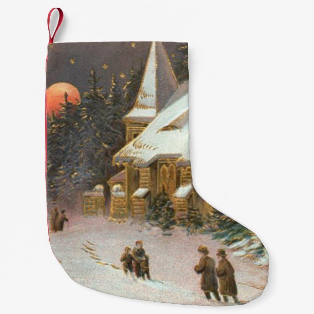 Going To Church Tree Snow Moon Stars Small Christmas Stocking (Front)