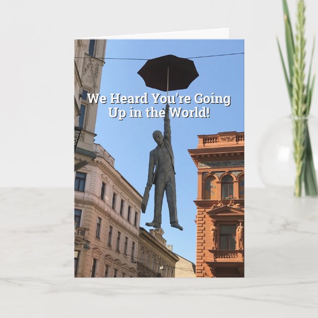 Going Up in the World. Man Flying with Umbrella. Card (Front)