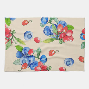 Goji, blueberry: watercolor illustration pattern. tea towel