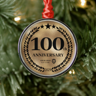 Gold 100th Anniversary Business Logo Christmas Metal Ornament