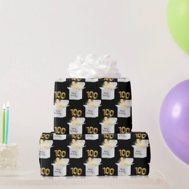 Gold 100th Birthday Balloons in White Box Wrapping Paper (Party Gifts)