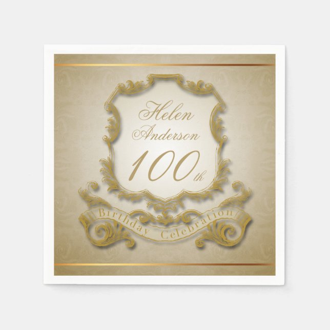 Gold 100th Birthday Celebration Paper Napkins (Front)