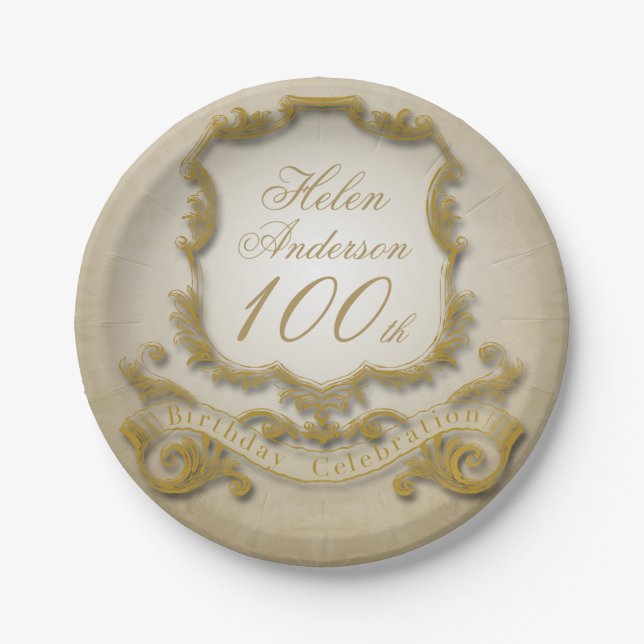 Gold 100th Birthday Celebration Paper Plates (Front)