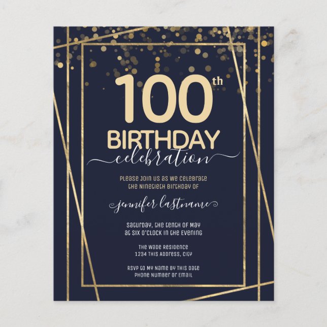 Gold 100th Birthday Party Budget Invitation (Front)