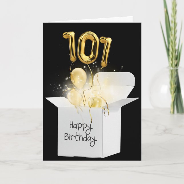 Gold 101st Birthday Balloons In White Box Card (Front)