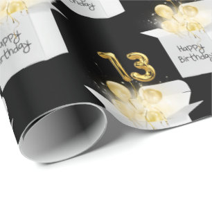 Gold 13th Birthday Balloons in White Box  Wrapping Paper