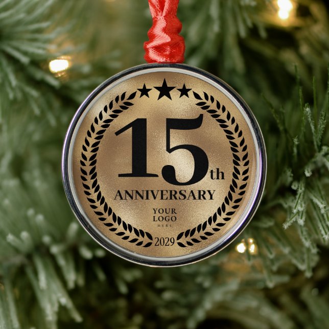 Gold 15th Anniversary Business Logo Christmas Metal Ornament (Tree)