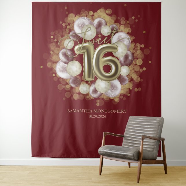 Gold 16 Bday Balloons Party Burgundy Backdrop Tapestry (In Situ)