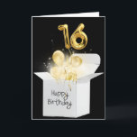 Gold 16th Birthday Balloons In White Box   Card<br><div class="desc">Gold balloons and sparkling light beams glow in a white box on black background for 16th birthday</div>