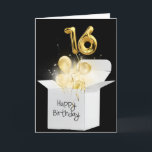 Gold 16th Birthday Balloons In White Box   Card<br><div class="desc">Gold balloons and sparkling light beams glow in a white box on black background for 16th birthday</div>