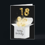 Gold 18th Birthday Balloons In White Box Card<br><div class="desc">Gold balloons and sparkling light beams glow in a white box on black background for 18th birthday</div>