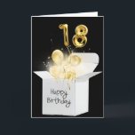 Gold 18th Birthday Balloons In White Box Card<br><div class="desc">Gold balloons and sparkling light beams glow in a white box on black background for 18th birthday</div>