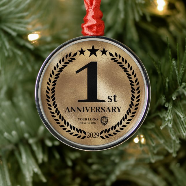 Gold 1st Anniversary Business Logo Christmas Metal Ornament (Tree)