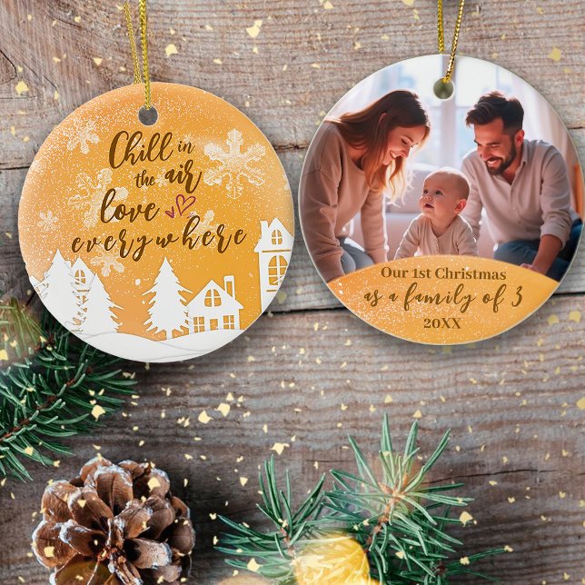 Gold 1st Christmas Family of 3 Quote Photo Ceramic Ornament (Creator Uploaded)
