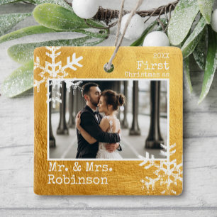 Gold 1st Christmas Mr. & Mrs. Photo Ceramic Ornament