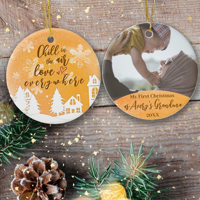 Gold 1st Christmas New Grandma Quote Photo Ceramic Ornament (Creator Uploaded)