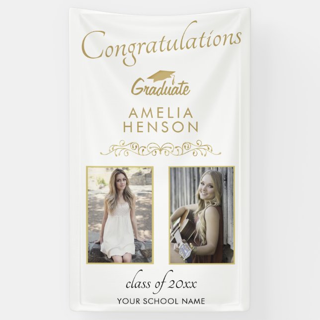 Gold 2022 Graduate 2 Photo Graduation Party  Banner (Vertical)