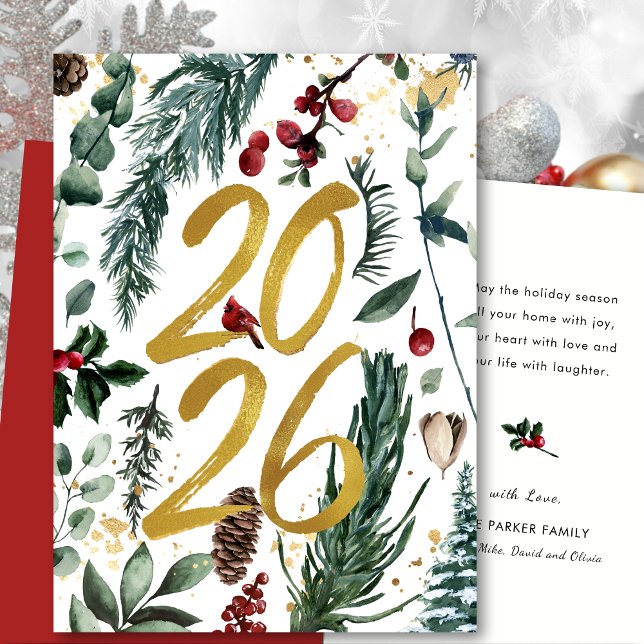 Gold 2025 Festive Christmas Pine Bough Red Floral  Holiday Card (Creator Uploaded)