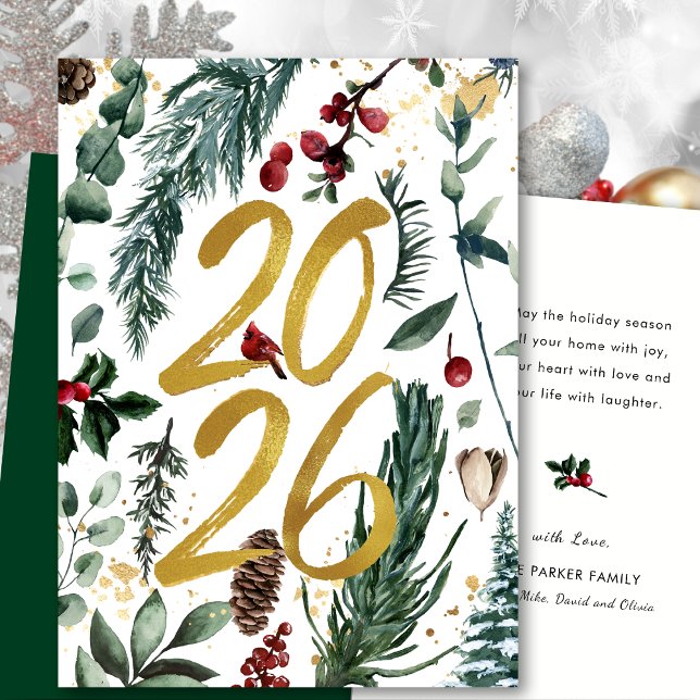 Gold 2025 Festive Christmas Pine Bough Red Floral  Holiday Card (Creator Uploaded)