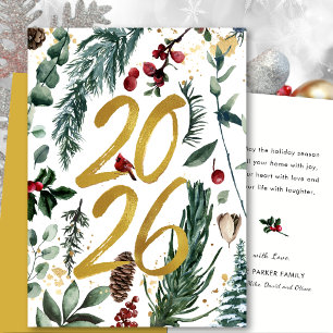 Gold 2025 Festive Christmas Pine Bough Red Floral Holiday Card