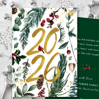 Gold 2025 Festive Christmas Pine Bough Red Floral  Holiday Card