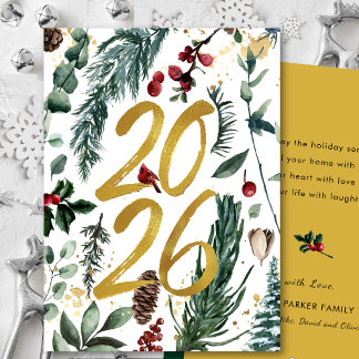 Gold 2025 Festive Christmas Pine Bough Red Floral  Holiday Card