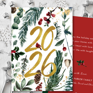 Gold 2025 Festive Christmas Pine Bough Red Floral  Holiday Card