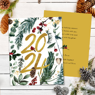 Gold 2025 Festive Christmas Pine Bough Red Floral Holiday Card