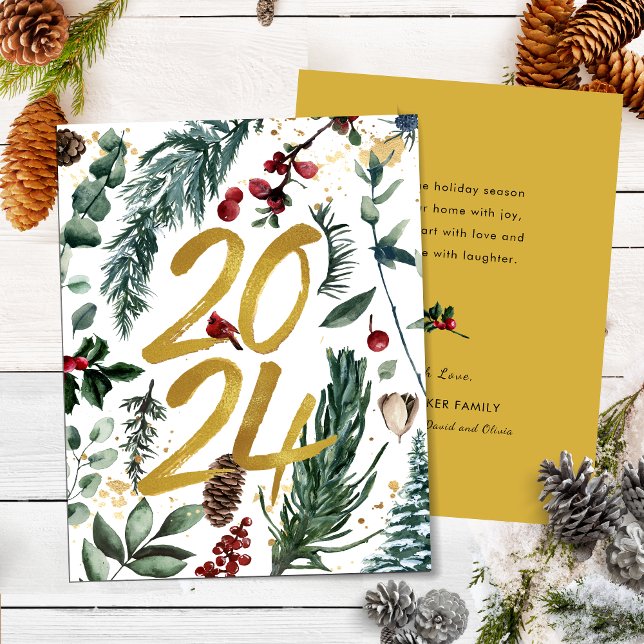 Gold 2025 Festive Christmas Pine Bough Red Floral  Holiday Card (Creator Uploaded)