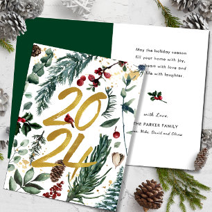 Gold 2025 Festive Christmas Pine Bough Red Floral  Holiday Card