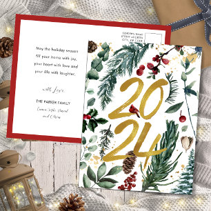 Gold 2025 Festive Christmas Pine Bough Red Floral Holiday Postcard