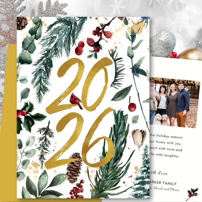 Gold 2025 Festive Christmas Pine Bough Red Photo Holiday Card (Creator Uploaded)