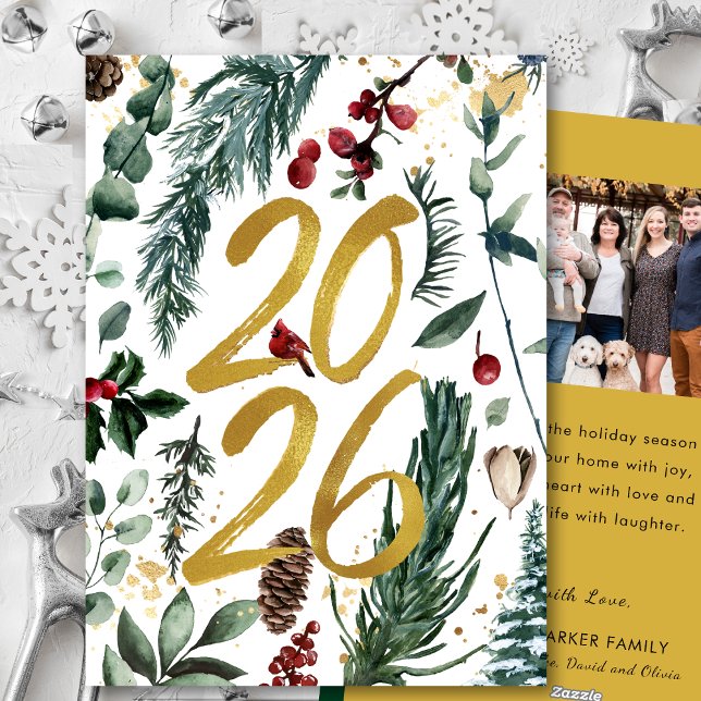 Gold 2025 Festive Christmas Pine Bough Red Photo Holiday Card (Creator Uploaded)