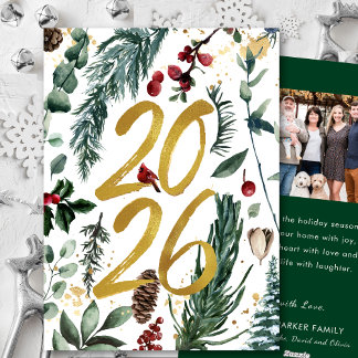 Gold 2025 Festive Christmas Pine Bough Red Photo Holiday Card