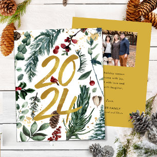 Gold 2025 Festive Christmas Pine Bough Red Photo Holiday Card