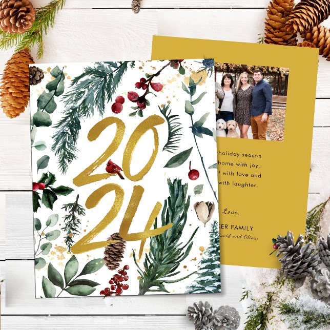 Gold 2025 Festive Christmas Pine Bough Red Photo Holiday Card (Creator Uploaded)