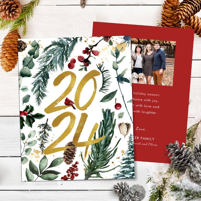 Gold 2025 Festive Christmas Pine Bough Red Photo Holiday Card (Creator Uploaded)