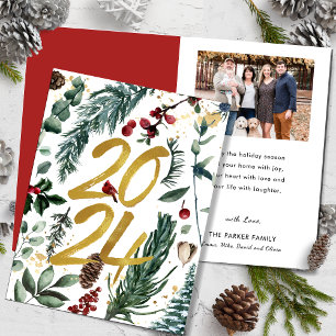Gold 2025 Festive Christmas Pine Bough Red Photo Holiday Card