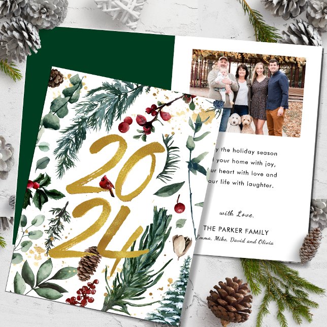 Gold 2025 Festive Christmas Pine Bough Red Photo Holiday Card (Creator Uploaded)