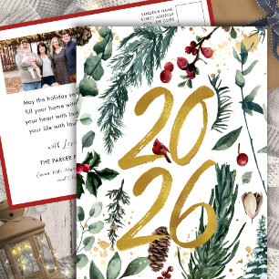 Gold 2025 Festive Christmas Pine Bough Red Photo Holiday Postcard