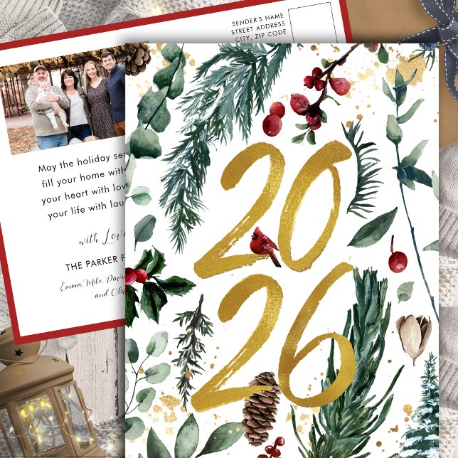 Gold 2025 Festive Christmas Pine Bough Red Photo Holiday Postcard (Creator Uploaded)