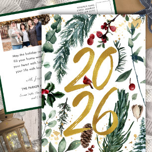 Gold 2025 Festive Christmas Pine Bough Red Photo Holiday Postcard