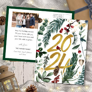 Gold 2025 Festive Christmas Pine Bough Red Photo Holiday Postcard