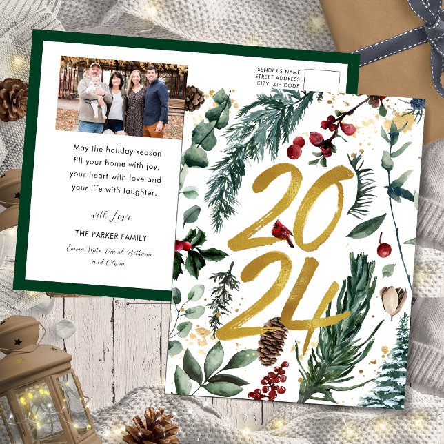 Gold 2025 Festive Christmas Pine Bough Red Photo Holiday Postcard (Creator Uploaded)
