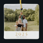 Gold 2025 Single Photo Christmas Ceramic Ornament<br><div class="desc">Modern minimalist festive design with gold faux foil "2025" ,  single photo ornament. Backing features solid navy blue color.</div>