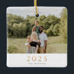 Gold 2025 Single Photo Christmas Ceramic Ornament<br><div class="desc">Modern minimalist festive design with gold faux foil "2025" ,  single photo ornament. Backing features solid navy blue color.</div>