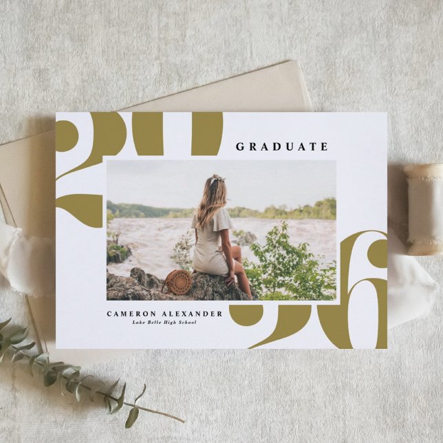 Gold 2026 Bold Typography Photo Graduation Announcement (Customizable class of 2026 photo graduation invitation featuring retro bold typography. )