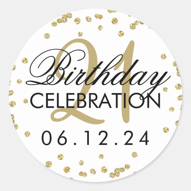 Gold 21st Birthday Faux Glitter Confetti Classic Round Sticker (Front)