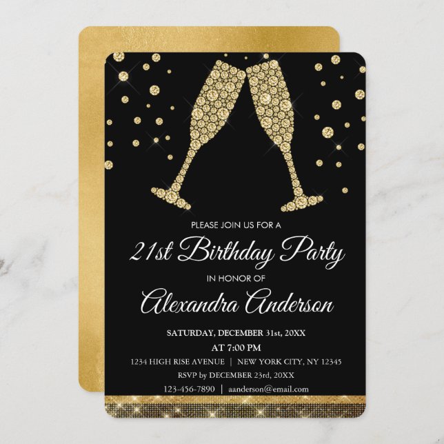 Gold 21st Birthday Party Diamond Champagne Glass Invitation (Front/Back)
